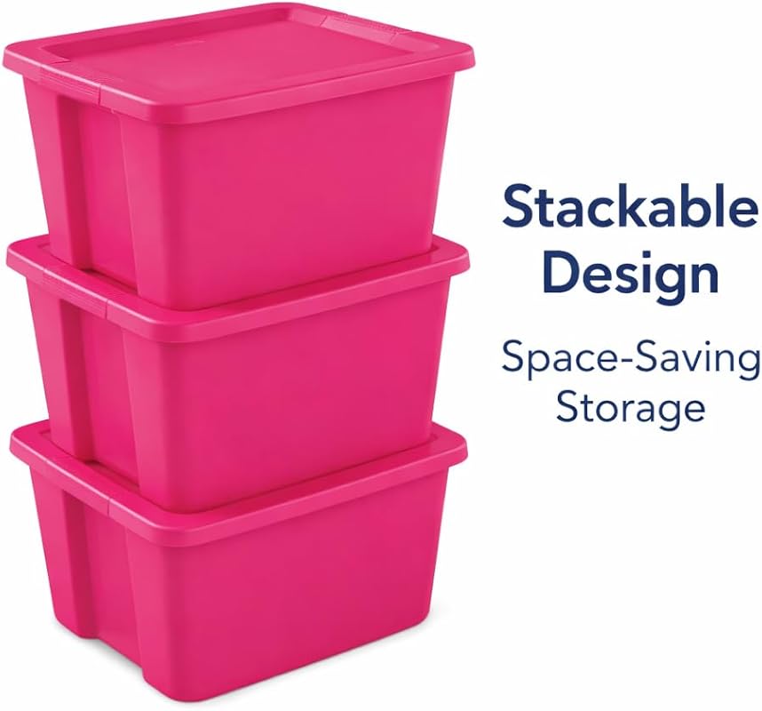18-Gallon Pink Plastic Storage Tote with Secure Snap-On Lid for Home O
