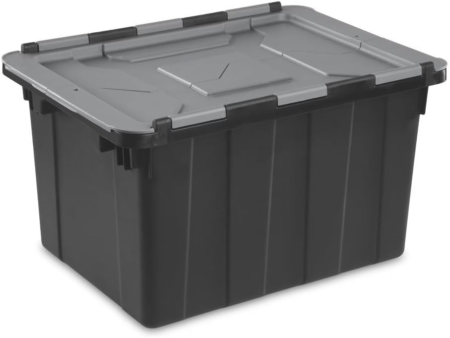12 Gallon Industrial Plastic Storage Box with Hinged Flip-Top Lid, Dur