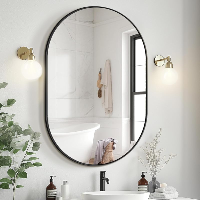 36x24 Black Oval Bathroom Mirror for Over Sink, Sleek Aluminum Alloy F