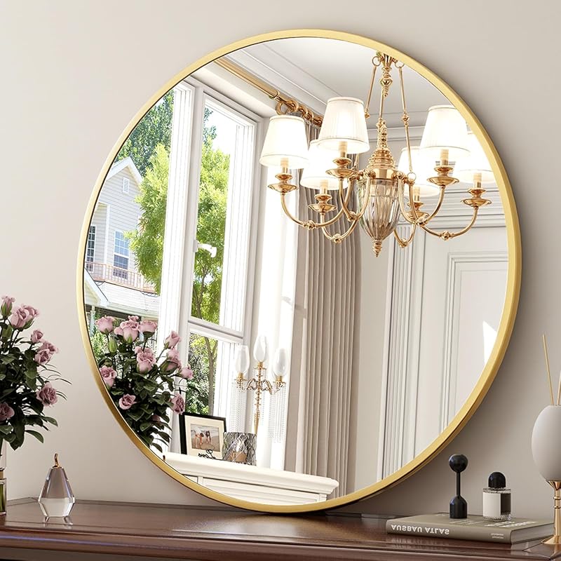 XRAMFY 30 Inch Round Gold Wall Mirror, Modern Circle Decorative Mirror