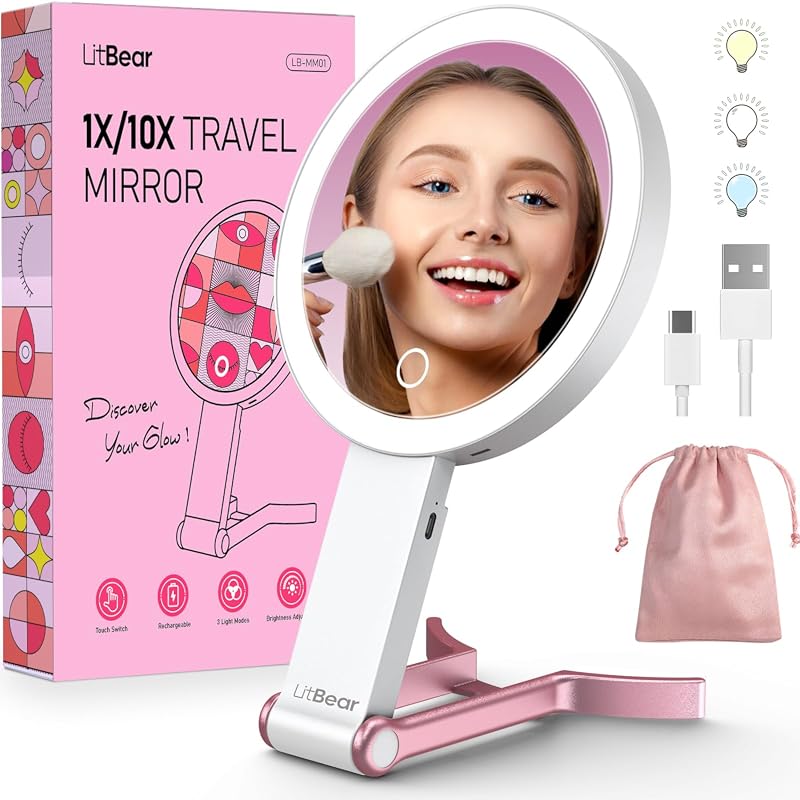 LitBear Rechargeable Travel Makeup Mirror with 10X Magnification