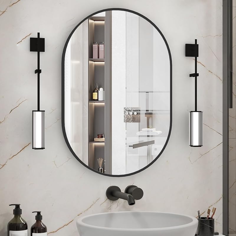 Modern Black Oval Bathroom Mirror with Metal Frame, 20x30 Inch Wall Mo