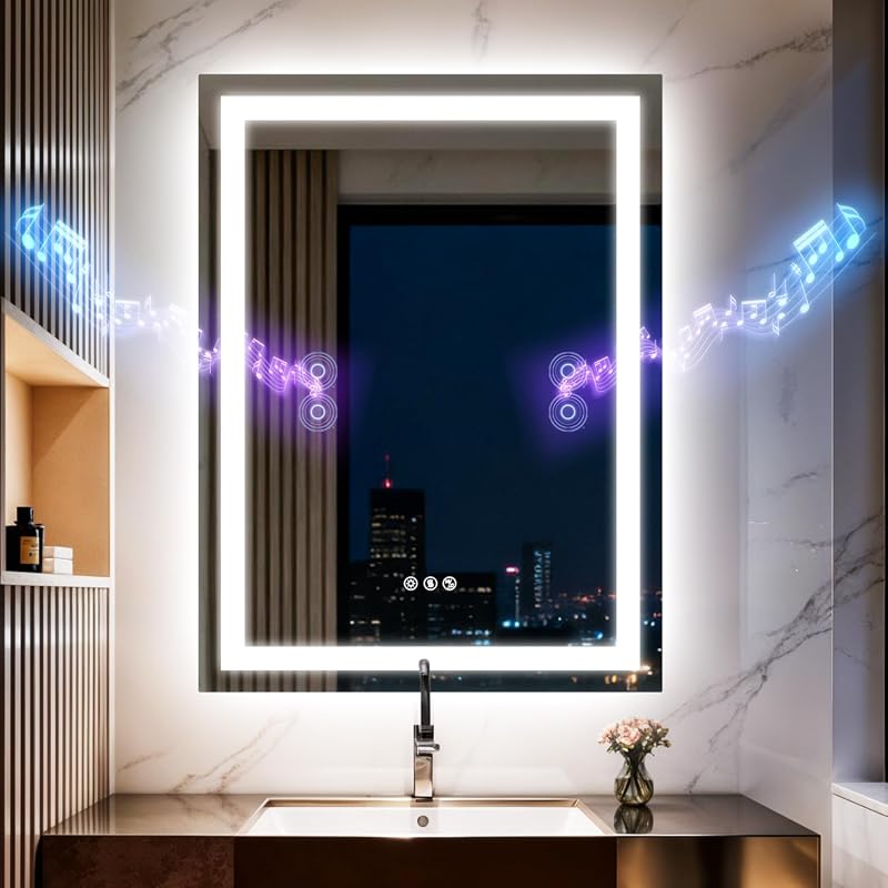 24x32 Inch LED Bathroom Mirror with Lights and Immersive Bluetooth Dual