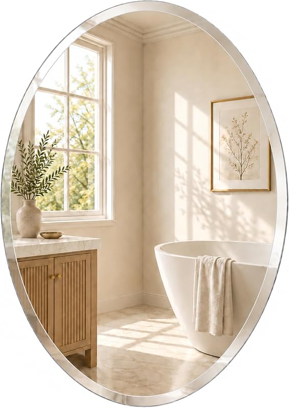 20x28 Inch Oval Frameless Beveled Wall Mirror for Bathroom Vanity, Ent