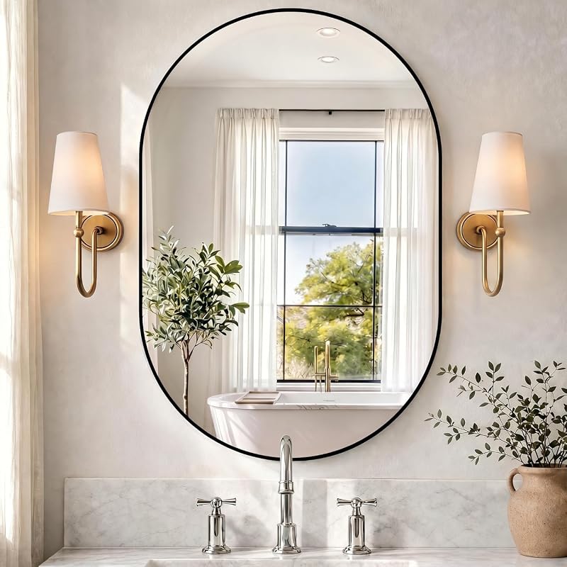 Large Black Oval Bathroom Vanity Mirror, 20x30 Inch Wall Mounted Mirro